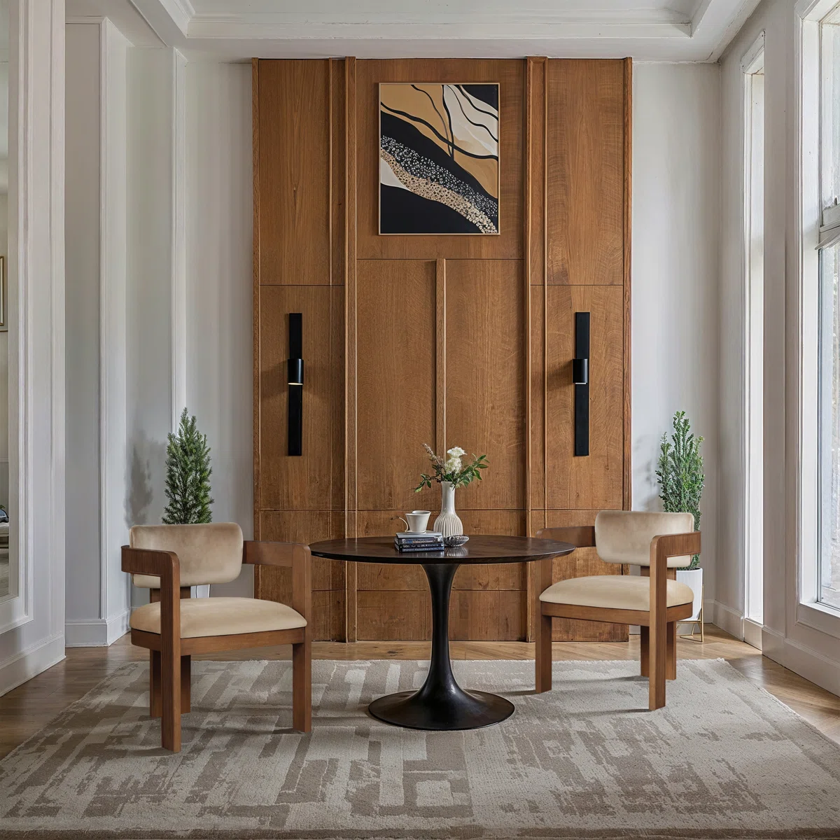 Upholstered dining arm chair set of two with teak wood frame Upholstered dining arm chair set of two with teak wood frame