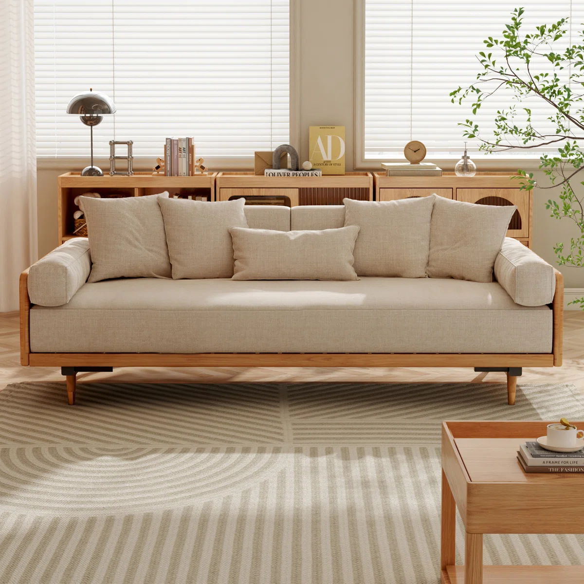 3 Seater Sofa Cum Bed in solid wood with modern design, available in natural and walnut finish