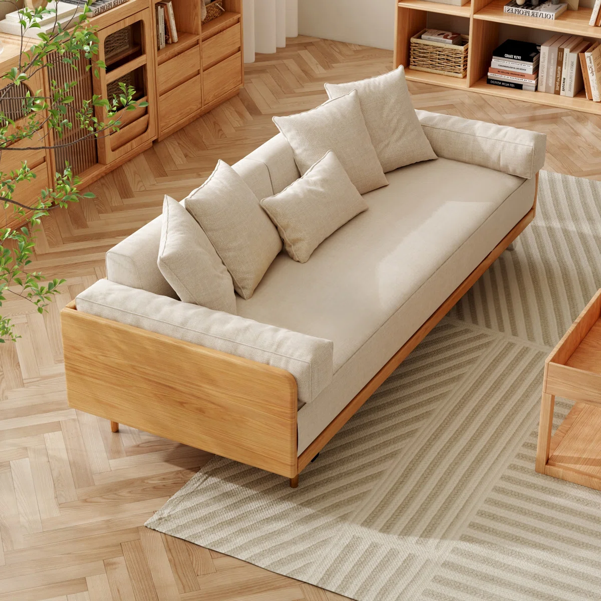 3 Seater Sofa Cum Bed in solid wood with modern design, available in natural and walnut finish