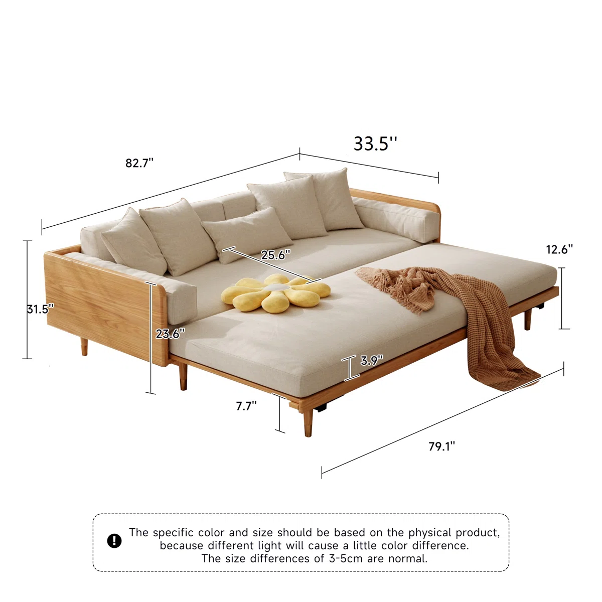 3 Seater Sofa Cum Bed in solid wood with modern design, available in natural and walnut finish