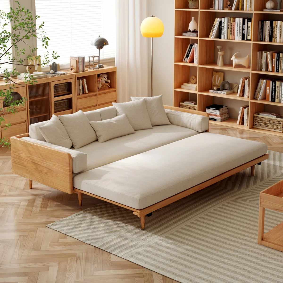 3 Seater Sofa Cum Bed in solid wood with modern design, available in natural and walnut finish