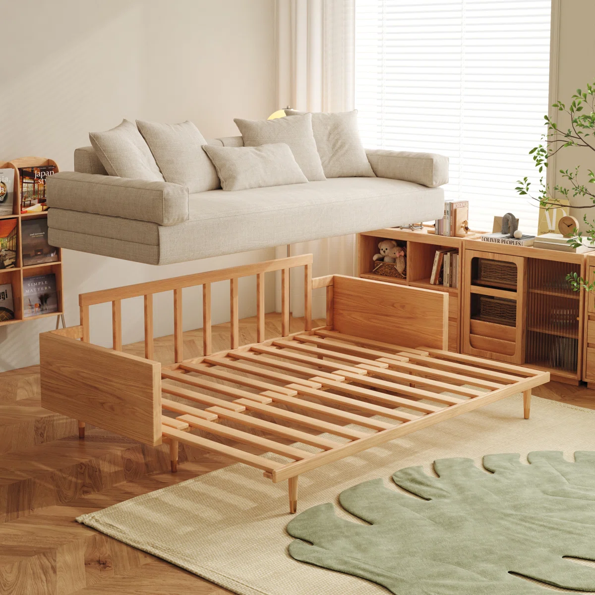 3 Seater Sofa Cum Bed in solid wood with modern design, available in natural and walnut finish