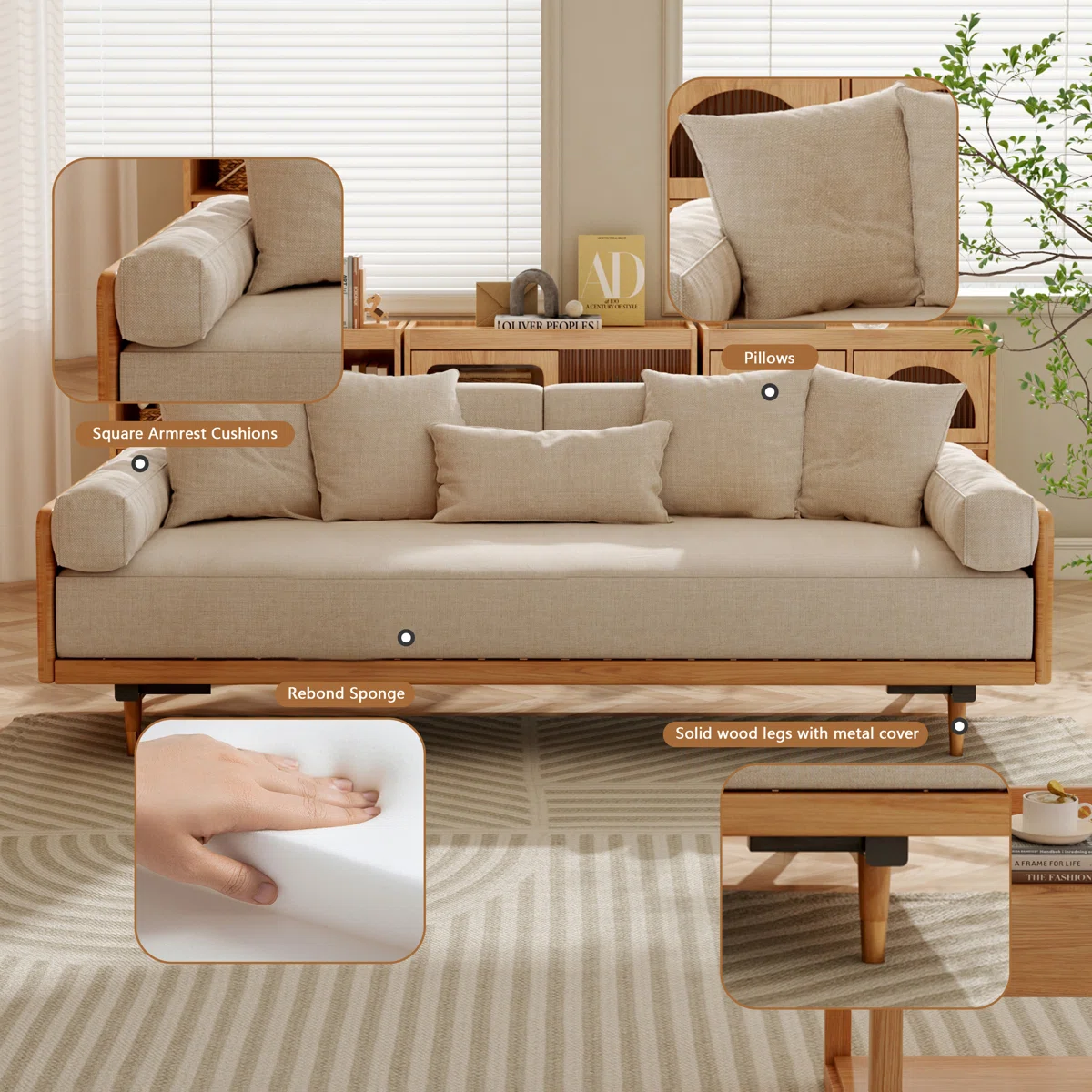 3 Seater Sofa Cum Bed in solid wood with modern design, available in natural and walnut finish