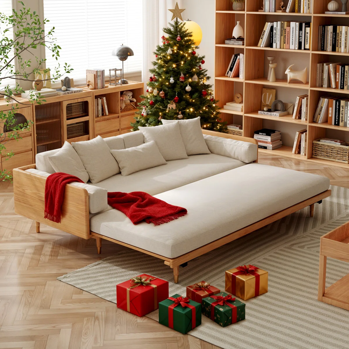 3 Seater Sofa Cum Bed in solid wood with modern design, available in natural and walnut finish