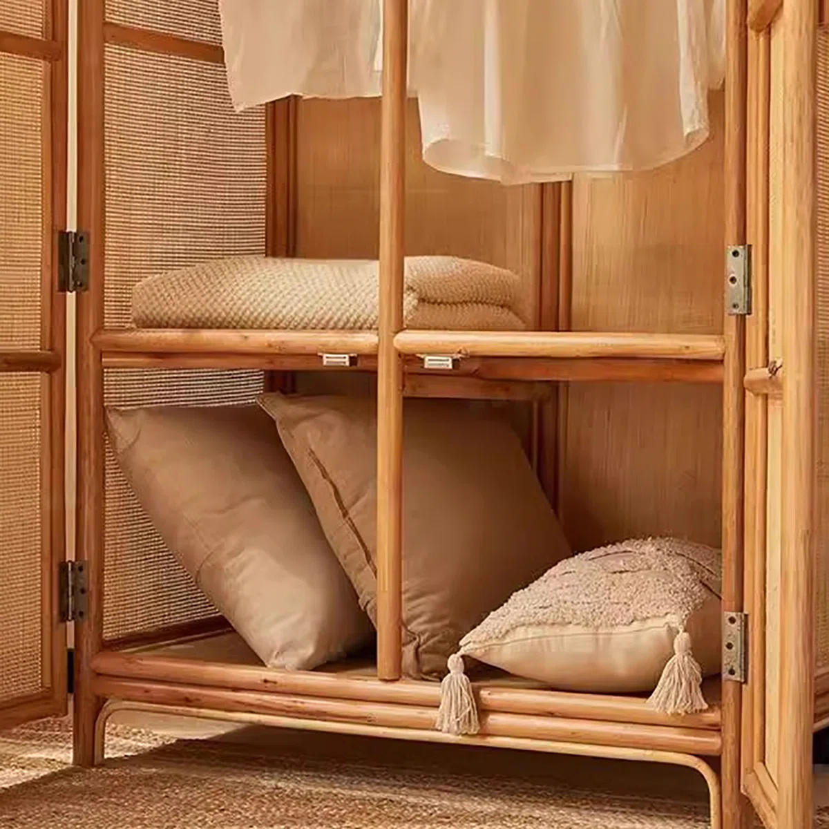 Japanese rattan wardrobe with arched doors, natural finish, minimal solid wood design.