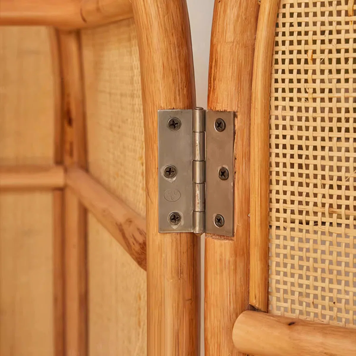 Japanese rattan wardrobe with arched doors, natural finish, minimal solid wood design.