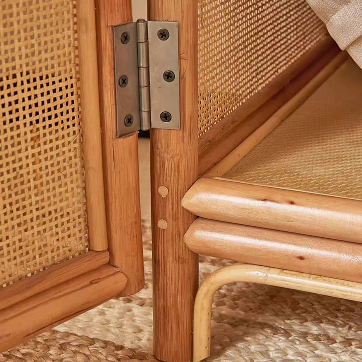 Japanese rattan wardrobe with arched doors, natural finish, minimal solid wood design.