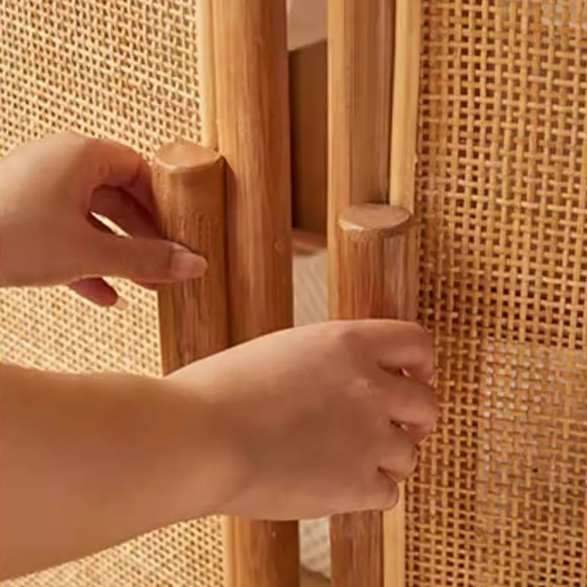 Japanese rattan wardrobe with arched doors, natural finish, minimal solid wood design.