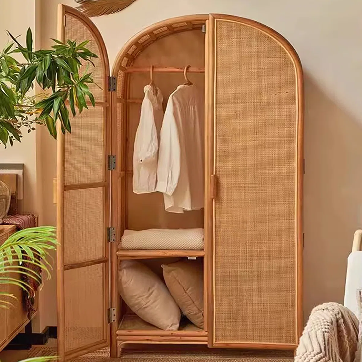 Japanese rattan wardrobe with arched doors, natural finish, minimal solid wood design.