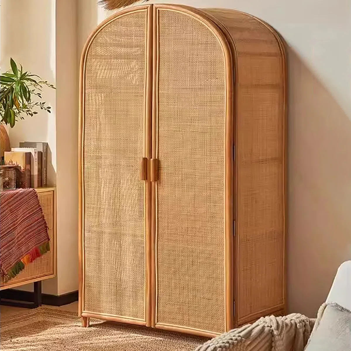 Japanese rattan wardrobe with arched doors, natural finish, minimal solid wood design.