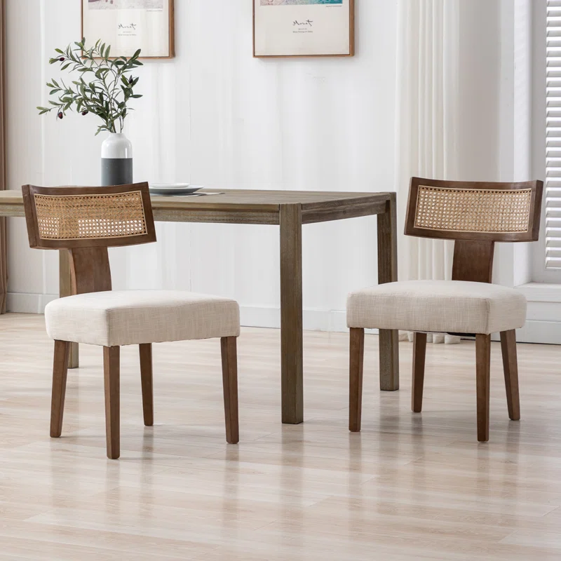 Rattan dining chair set of two with woven back and teak wood frame