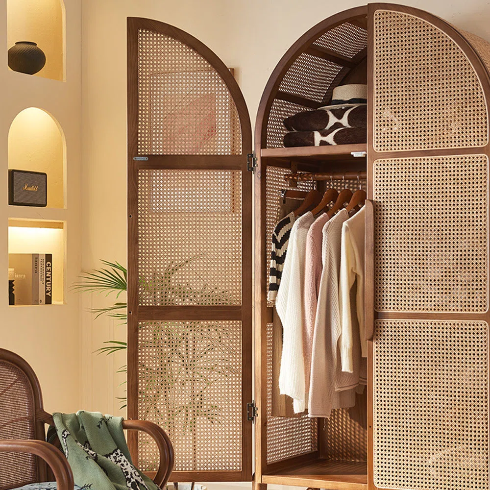 Cane Wardrobe – Solid Wood Storage Cabinet with Rattan Doors, Boho & Modern Design