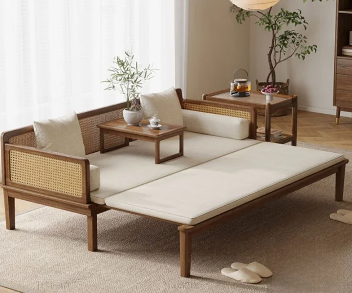 Cane Sofa Bed with rattan weaving wooden frame for living room and small bedroom