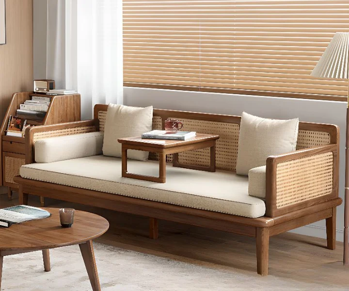 Cane Sofa Bed with rattan weaving wooden frame for living room and small bedroom