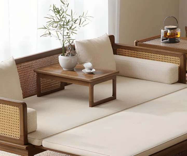 Cane Sofa Bed with rattan weaving wooden frame for living room and small bedroom