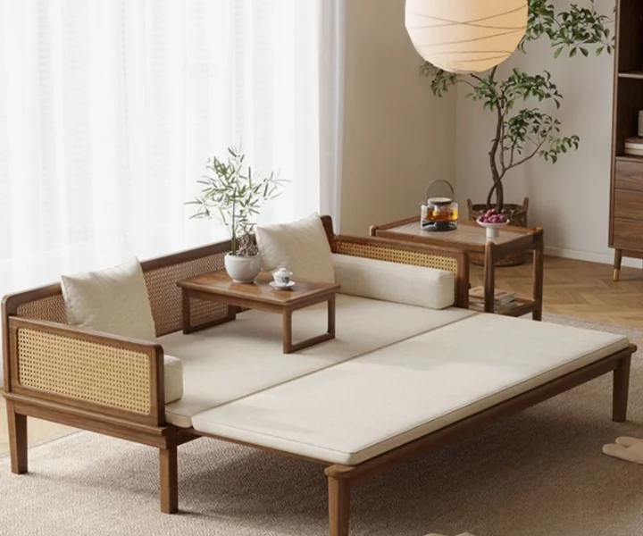 Cane Sofa Bed with rattan weaving wooden frame for living room and small bedroom