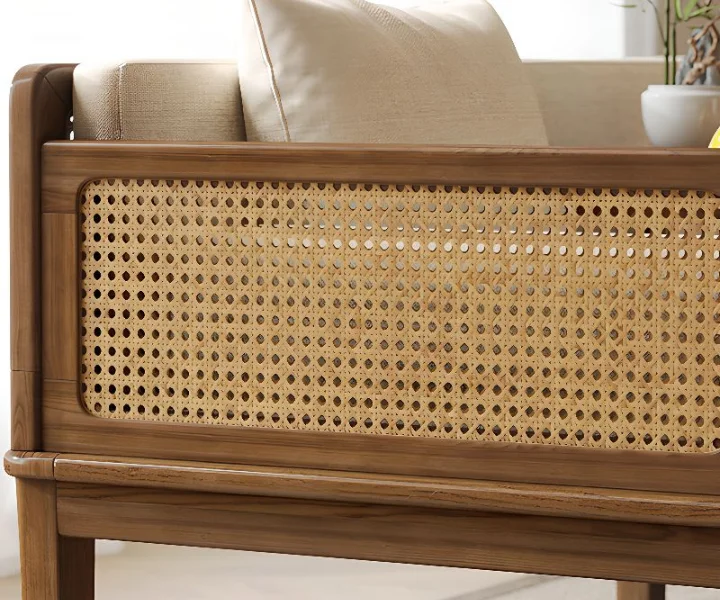 Cane Sofa Bed with rattan weaving wooden frame for living room and small bedroom