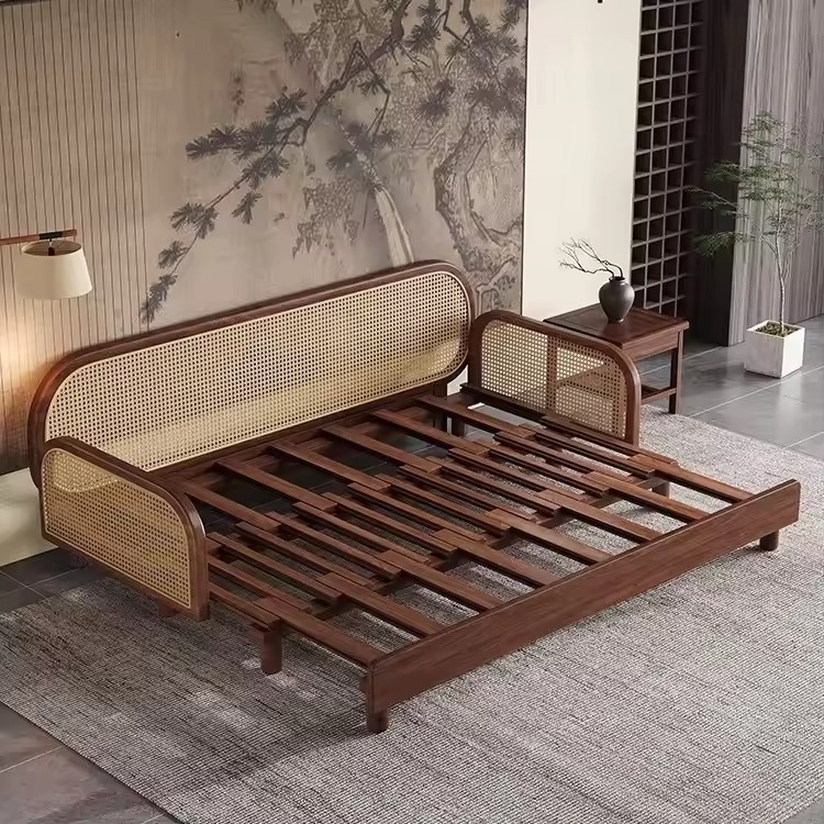 Cane sofa cumbed with teak wood frame, brown finish, soft cushions, and pillows