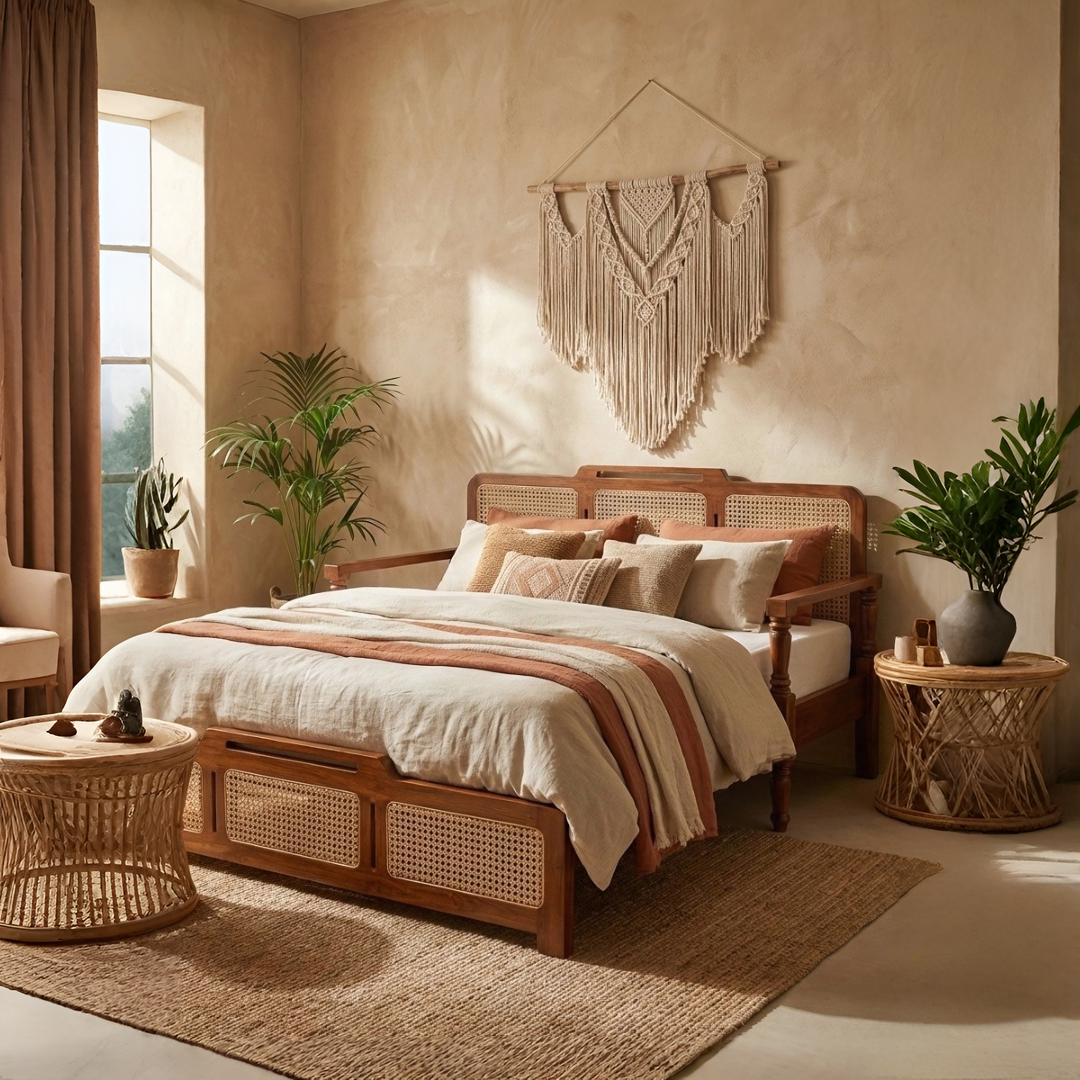 Sofa Cum Bed with solid wood frame, cane weaving, brown finish, and premium upholstery in sofa and bed position