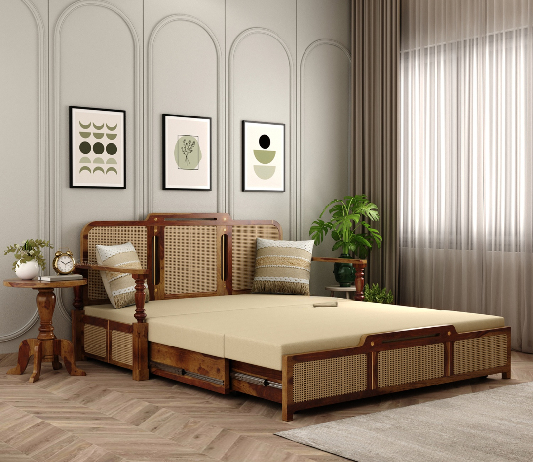 Sofa Cum Bed with solid wood frame, cane weaving, brown finish, and premium upholstery in sofa and bed position
