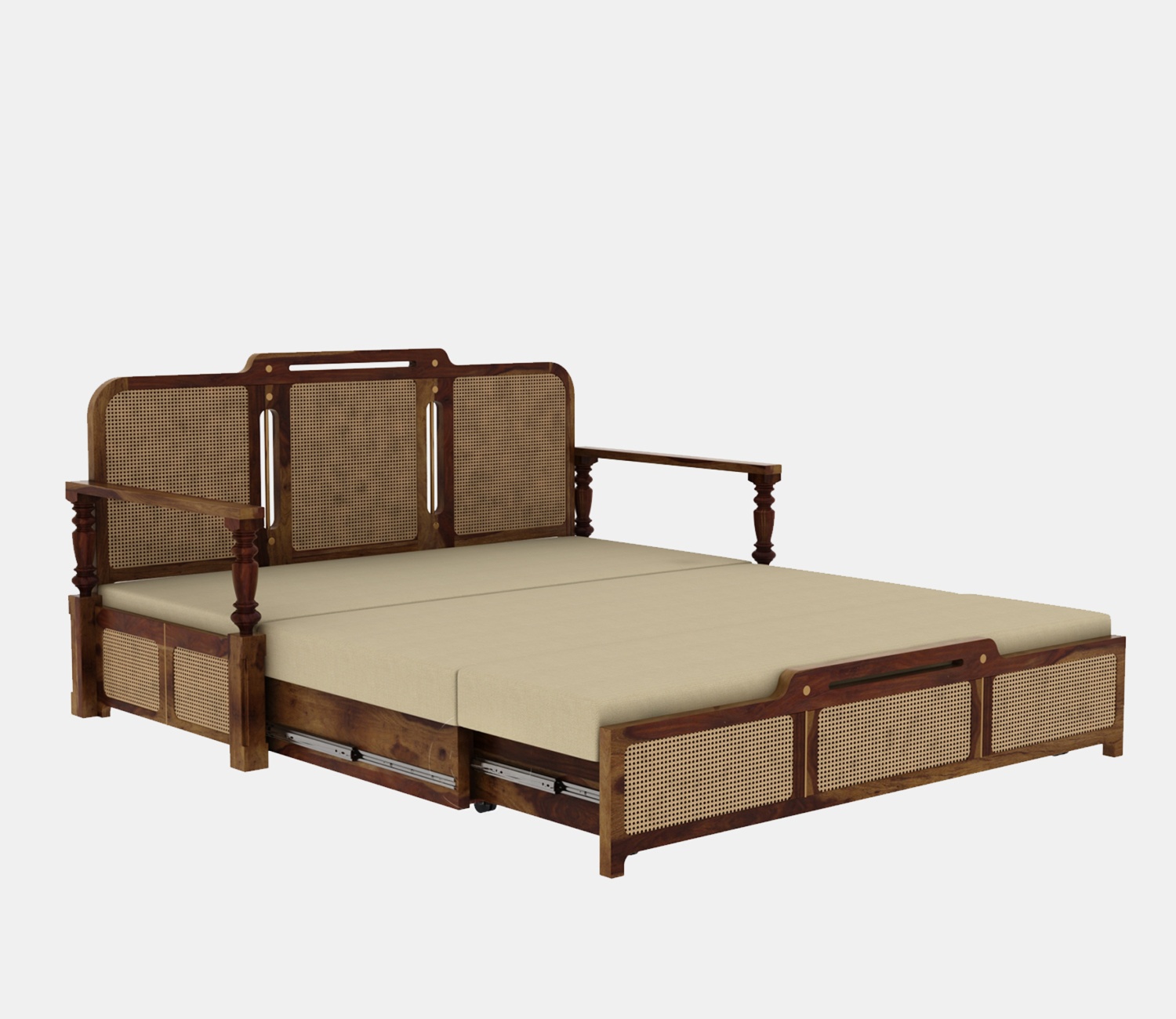 Sofa Cum Bed with solid wood frame, cane weaving, brown finish, and premium upholstery in sofa and bed position