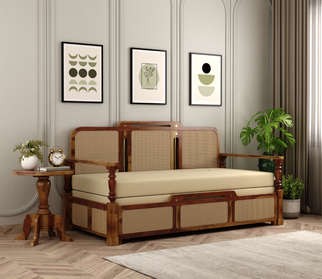 Sofa Cum Bed with solid wood frame, cane weaving, brown finish, and premium upholstery in sofa and bed position