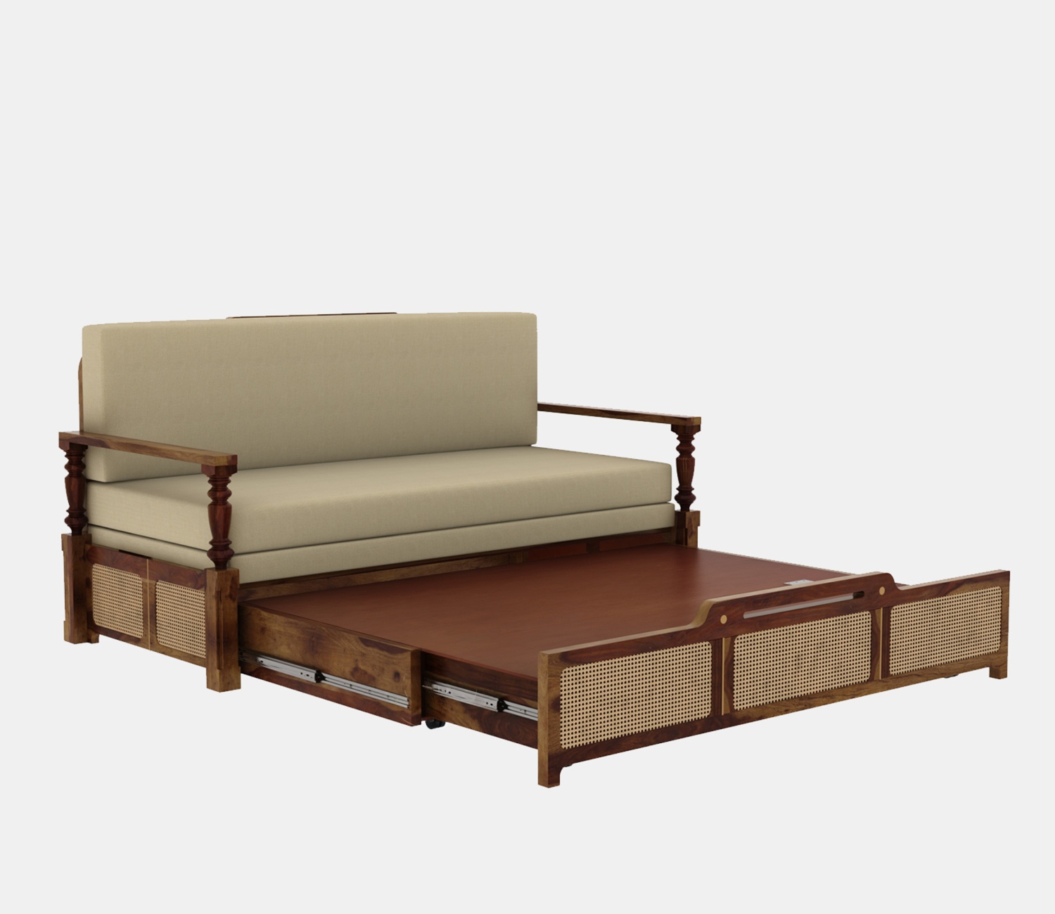 Sofa Cum Bed with solid wood frame, cane weaving, brown finish, and premium upholstery in sofa and bed position