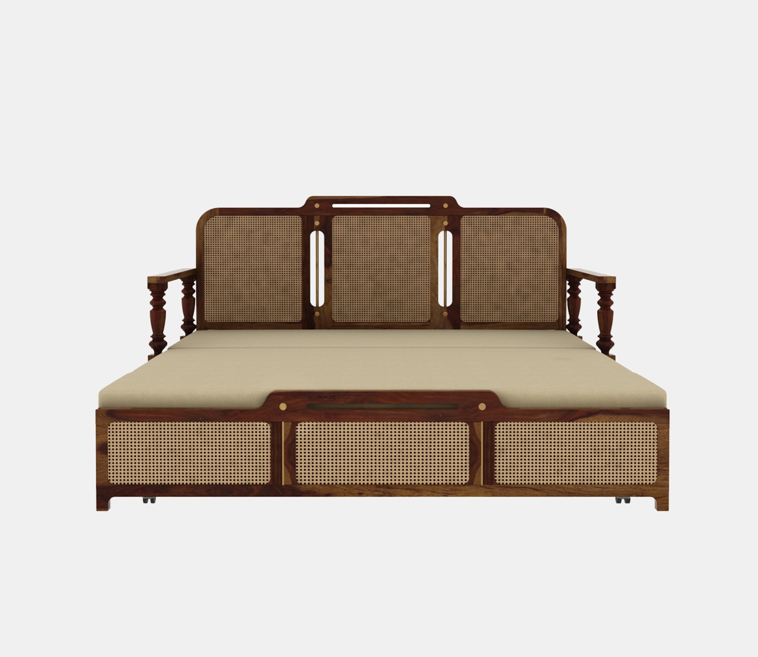 Sofa Cum Bed with solid wood frame, cane weaving, brown finish, and premium upholstery in sofa and bed position