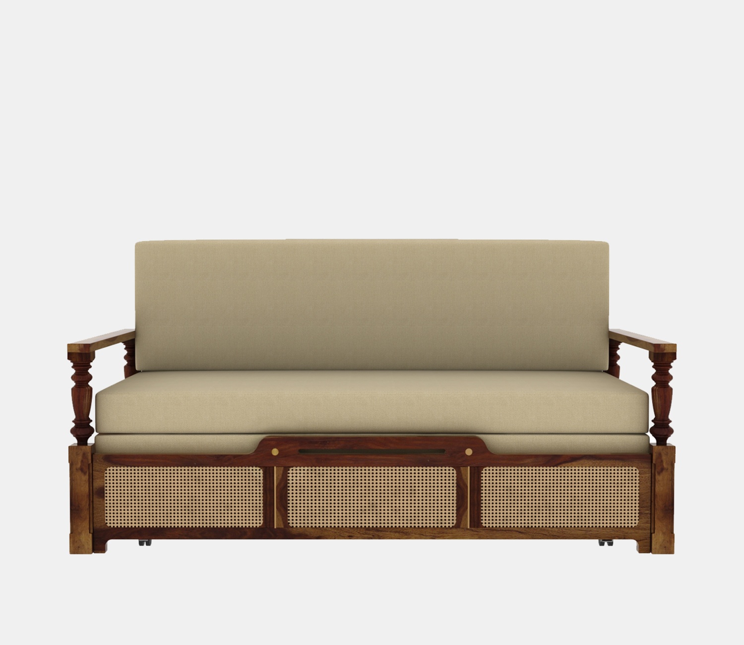 Sofa Cum Bed with solid wood frame, cane weaving, brown finish, and premium upholstery in sofa and bed position