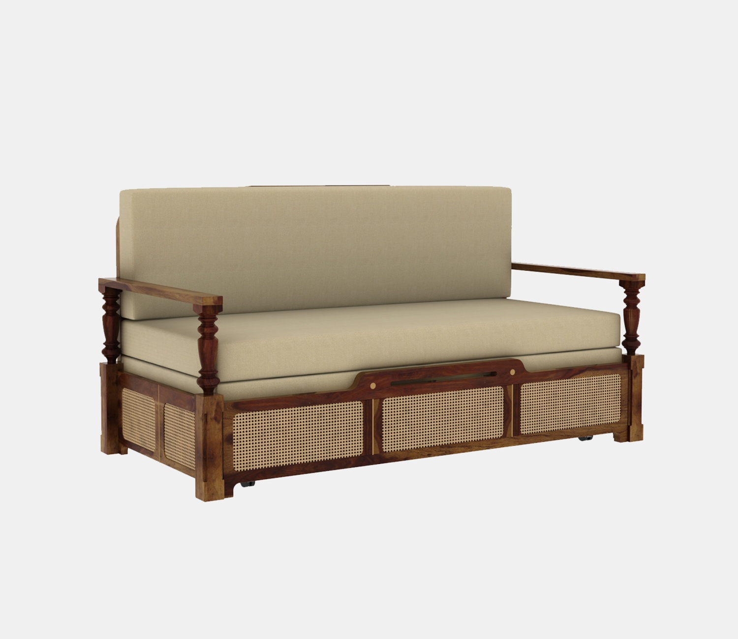 Sofa Cum Bed with solid wood frame, cane weaving, brown finish, and premium upholstery in sofa and bed position