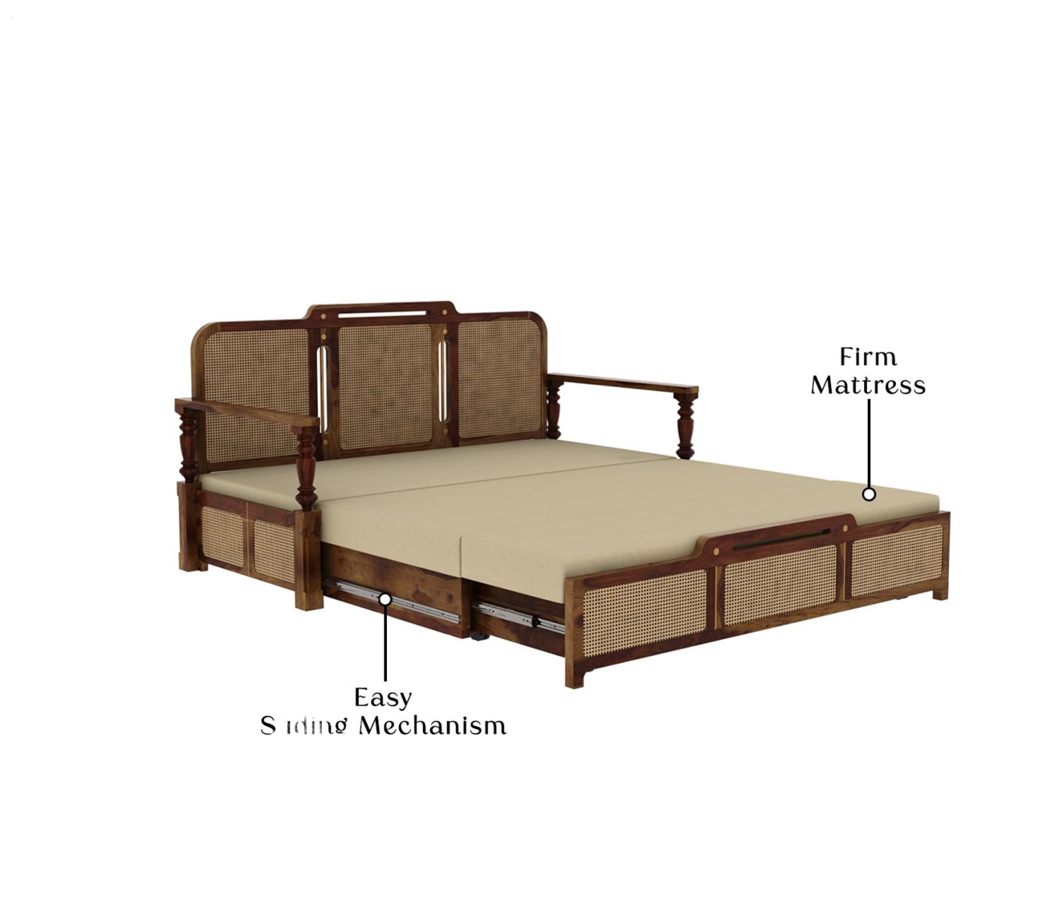 Sofa Cum Bed with solid wood frame, cane weaving, brown finish, and premium upholstery in sofa and bed position