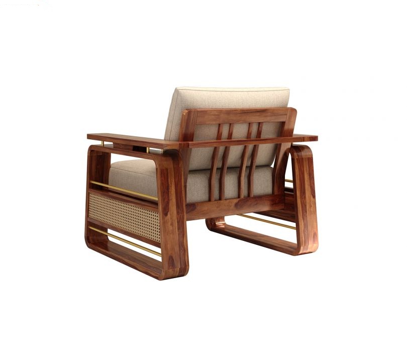 Cane sofa set 3+1+1 with Sheesham wood frame, cane panels, teak finish, and brass detailing