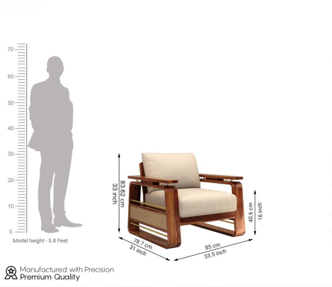 Cane sofa set 3+1+1 with Sheesham wood frame, cane panels, teak finish, and brass detailing