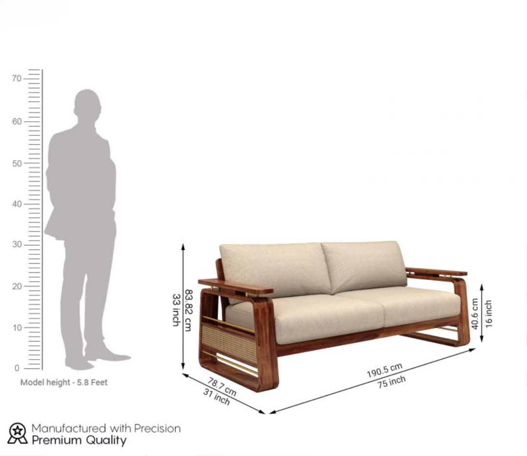 Cane sofa set 3+1+1 with Sheesham wood frame, cane panels, teak finish, and brass detailing