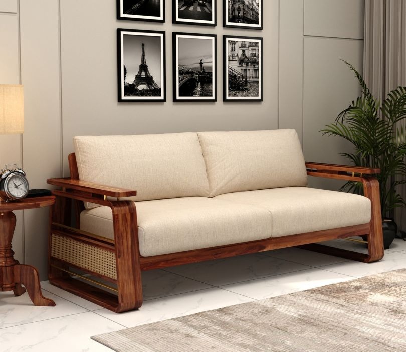 Cane sofa set 3+1+1 with Sheesham wood frame, cane panels, teak finish, and brass detailing