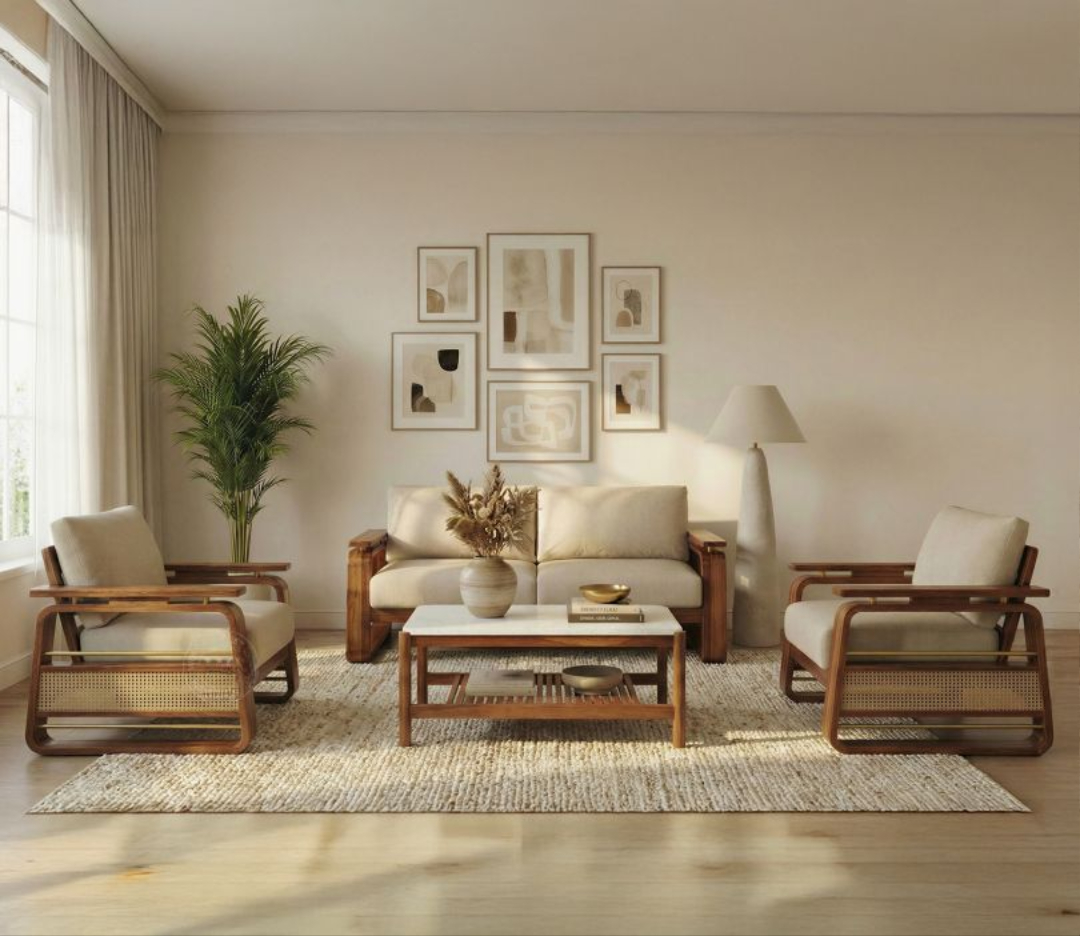 Cane sofa set 3+1+1 with Sheesham wood frame, cane panels, teak finish, and brass detailing