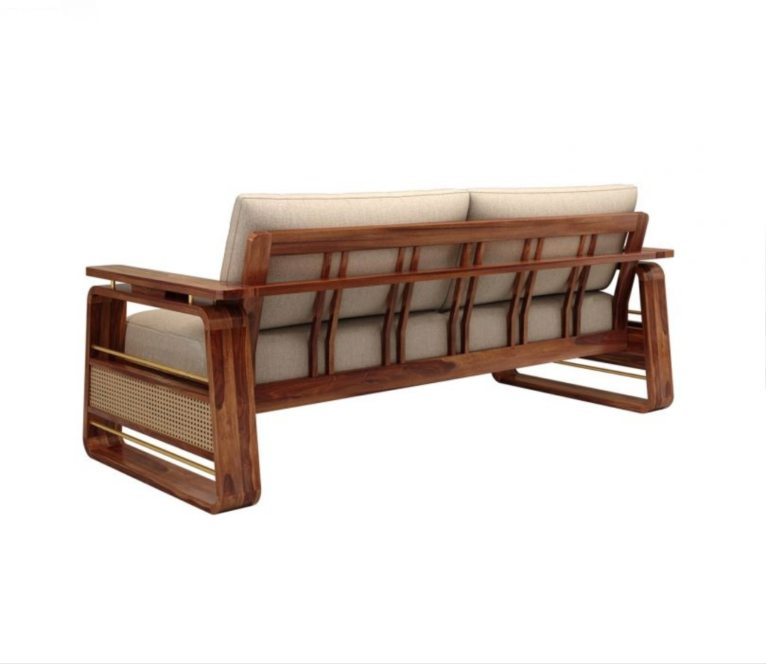 Cane sofa set 3+1+1 with Sheesham wood frame, cane panels, teak finish, and brass detailing