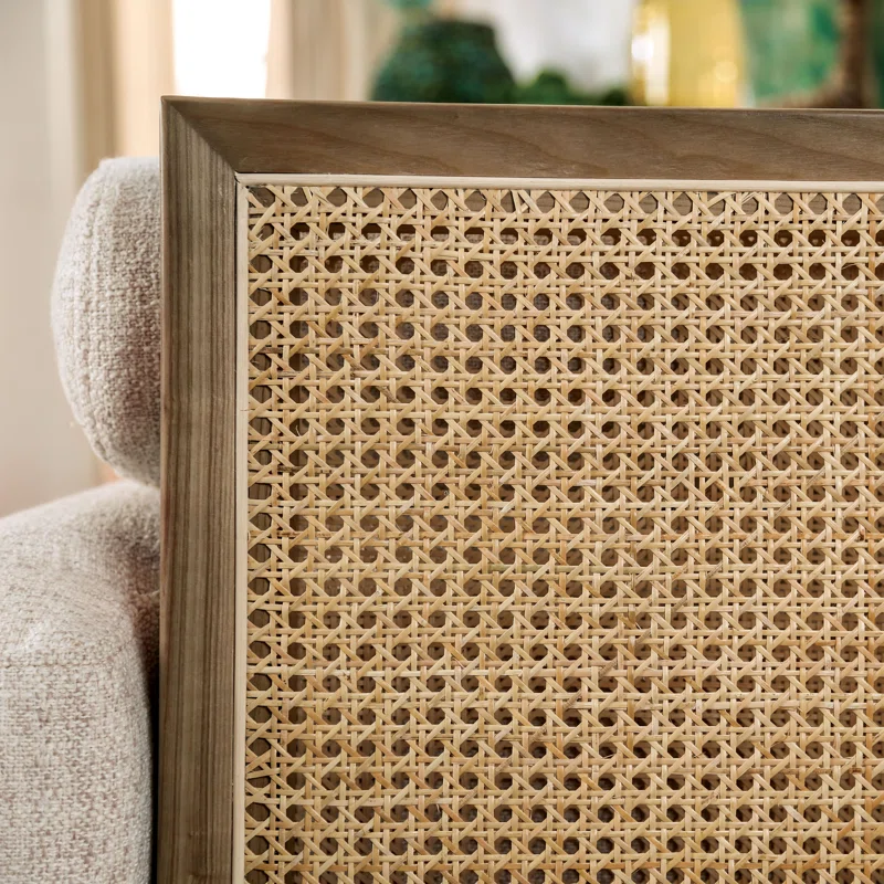 3-piece sofa set with teak wood frame, cane panels, and cotton canvas upholstery