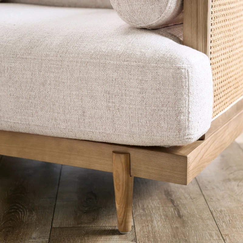 3-piece sofa set with teak wood frame, cane panels, and cotton canvas upholstery