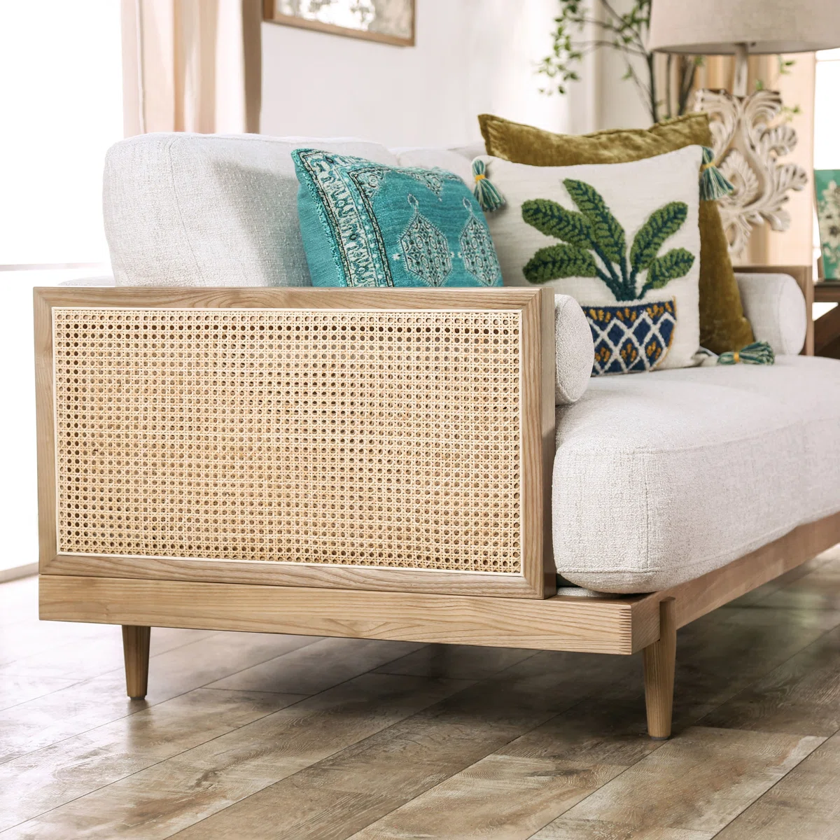 3-piece sofa set with teak wood frame, cane panels, and cotton canvas upholstery