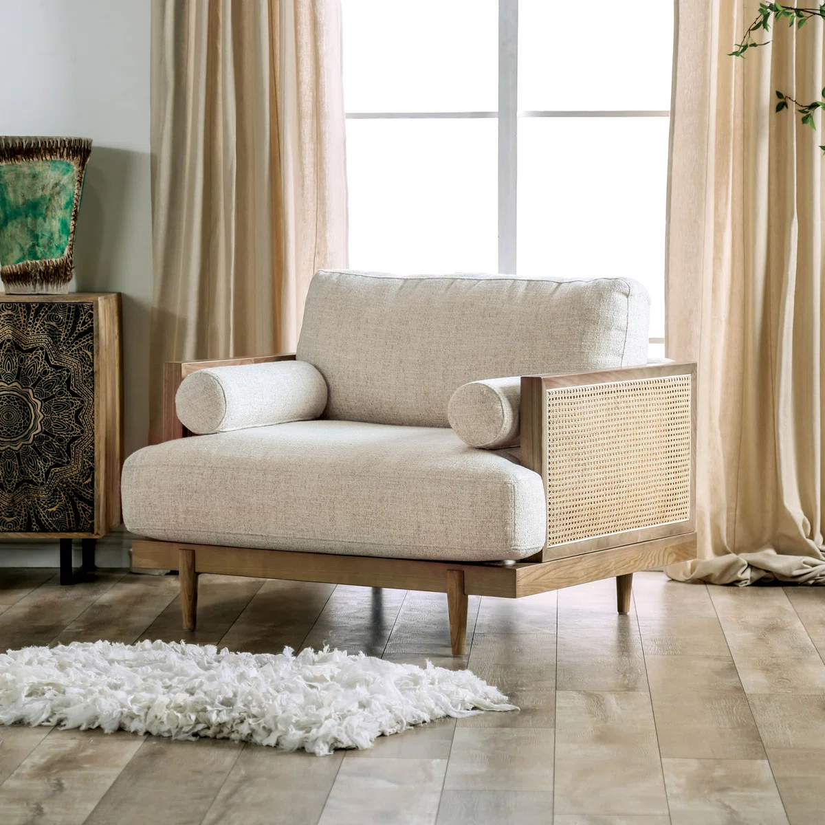 3-piece sofa set with teak wood frame, cane panels, and cotton canvas upholstery