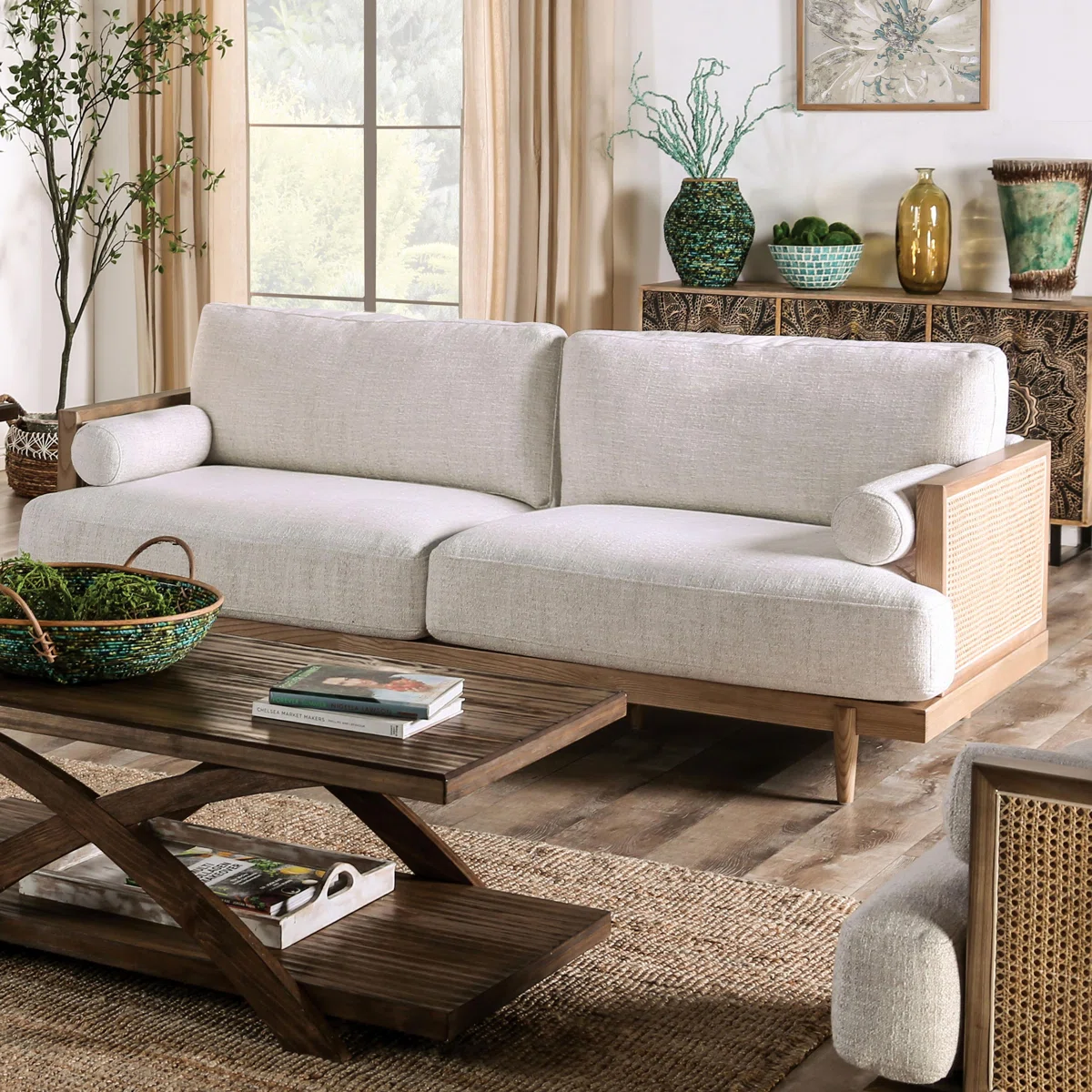 3-piece sofa set with teak wood frame, cane panels, and cotton canvas upholstery
