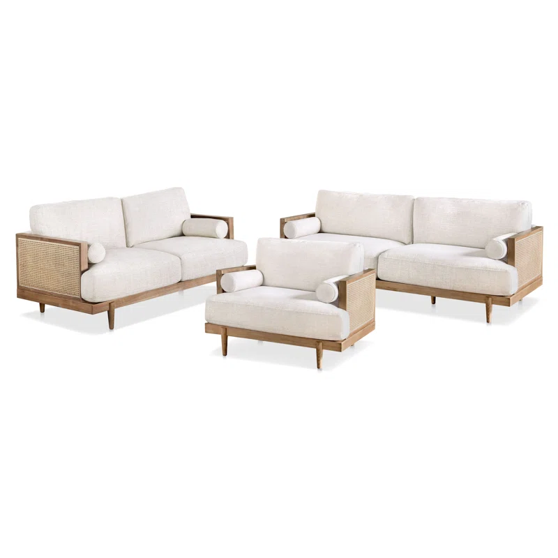 3-piece sofa set with teak wood frame, cane panels, and cotton canvas upholstery