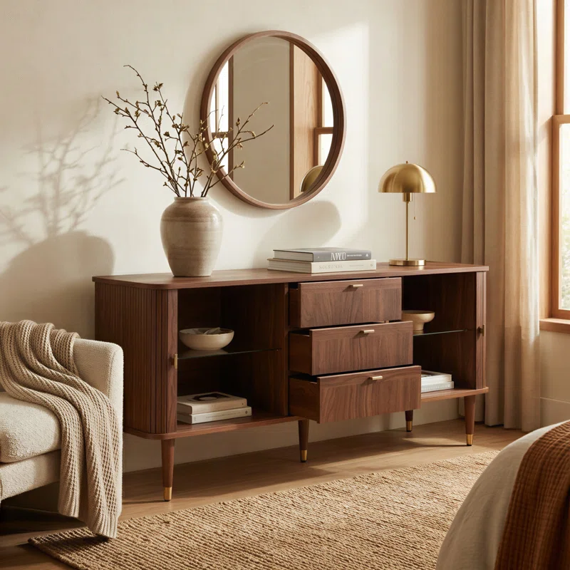 Sideboard TV Stand with sliding tambour doors, teak wood body, and brass trim design Sideboard TV Stand with sliding tambour doors, teak wood body, and brass trim design