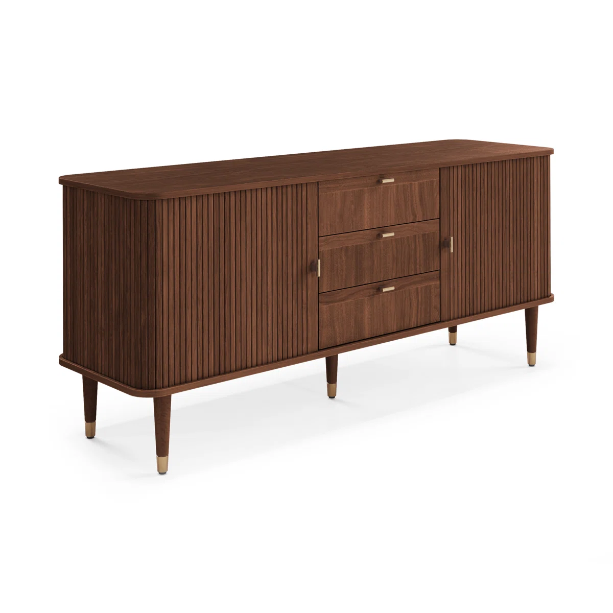 Sideboard TV Stand with sliding tambour doors, teak wood body, and brass trim design Sideboard TV Stand with sliding tambour doors, teak wood body, and brass trim design