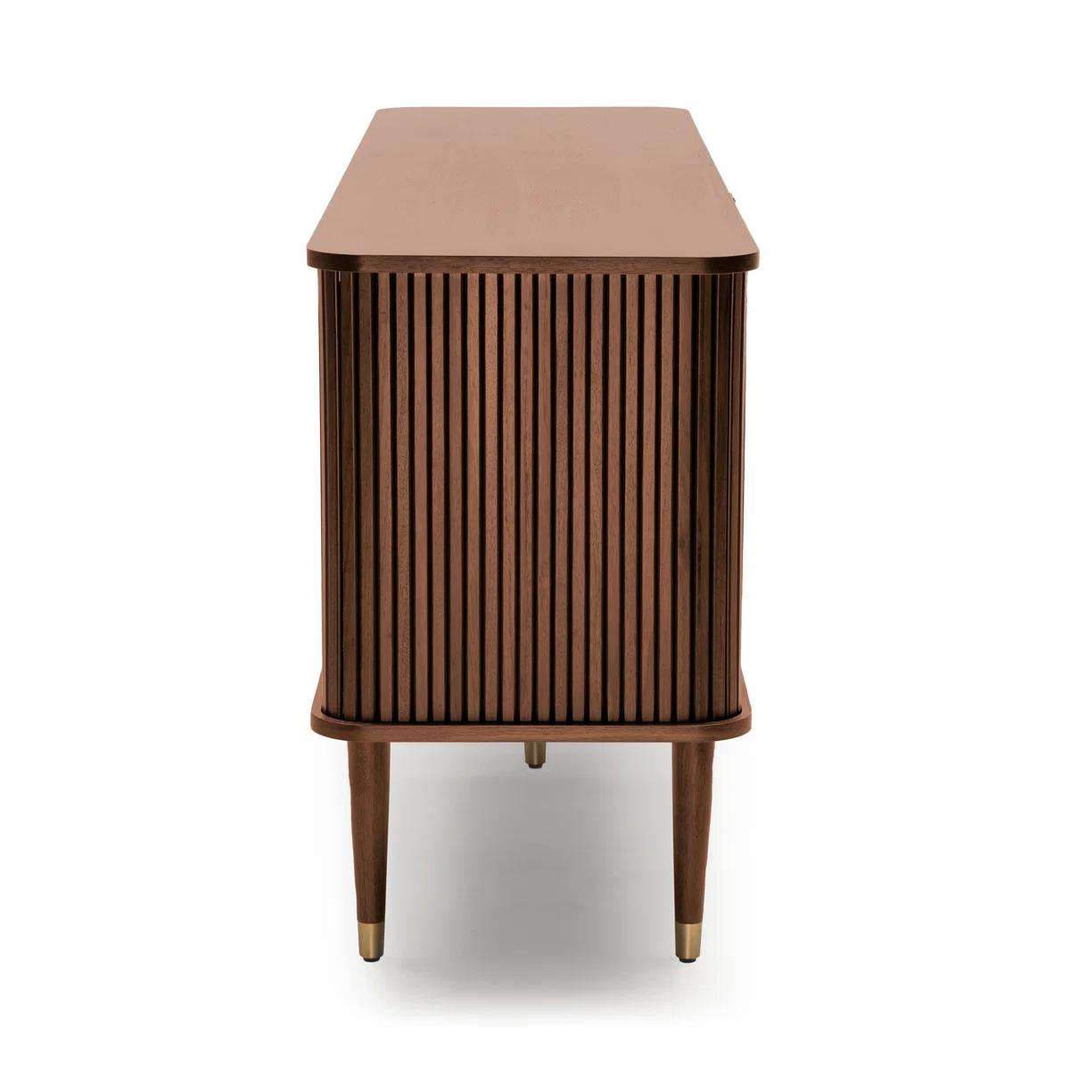 Sideboard TV Stand with sliding tambour doors, teak wood body, and brass trim design Sideboard TV Stand with sliding tambour doors, teak wood body, and brass trim design