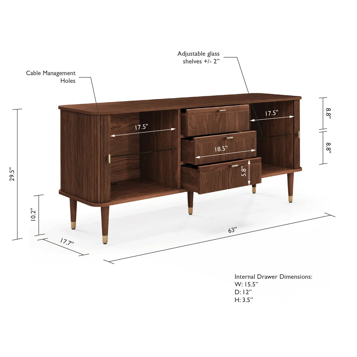 Sideboard TV Stand with sliding tambour doors, teak wood body, and brass trim design Sideboard TV Stand with sliding tambour doors, teak wood body, and brass trim design