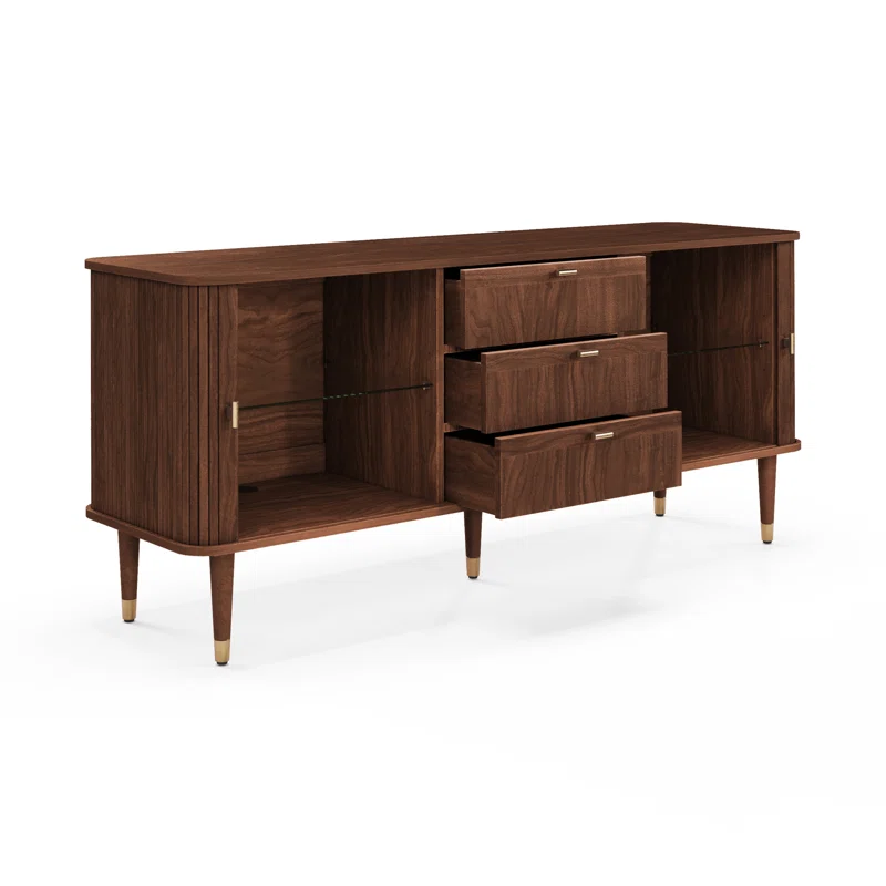 Sideboard TV Stand with sliding tambour doors, teak wood body, and brass trim design Sideboard TV Stand with sliding tambour doors, teak wood body, and brass trim design