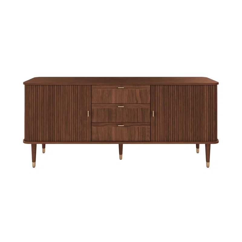 Sideboard TV Stand with sliding tambour doors, teak wood body, and brass trim design Sideboard TV Stand with sliding tambour doors, teak wood body, and brass trim design