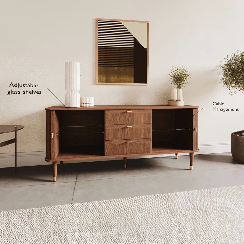 Sideboard TV Stand with sliding tambour doors, teak wood body, and brass trim design Sideboard TV Stand with sliding tambour doors, teak wood body, and brass trim design